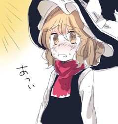  @_@ bad_id bad_twitter_id blonde_hair blush commentary d: female hat hidden_star_in_four_seasons hot iiha_toobu kirisame_marisa long_hair nervous_sweating open_mouth scarf solo sweat touhou translated vest witch_hat 