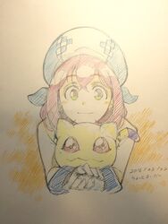  beret blush commentary_request creature dated digimon digimon_linkz female female gloves green_eyes hat holding kurihara_hina microphone nyaromon pink_hair pohto red_eyes smile t-okada traditional_media white_gloves 