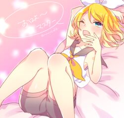  arm_over_head arm_tattoo blonde_hair blue_eyes bow commentary female hair_ornament hairbow hairclip half-closed_eye kagamine_rin kawahara_chisato looking_at_viewer lying number_tattoo on_back one_eye_closed open_mouth sailor_collar short_hair shorts sleepy solo stretching tattoo treble_clef vocaloid yawning 