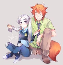  1boy animal_ears bad_id bad_pixiv_id belt_pouch blue_footwear blue_pants blue_shirt brown_pants carrot collared_shirt dress_shirt female food fox_ears fox_tail green_shirt grey_background grey_eyes grey_hair grin holding holding_another&#039;s_hair holding_food humanization judy_hopps knee_pads long_hair long_sleeves looking_at_viewer necktie nick_wilde orange_hair pants parted_bangs police police_uniform policewoman pouch print_shirt rabbit_tail shirt shoes short_sleeves sichol-bell signature silver_hair simple_background sitting smile striped striped_necktie tail twintails uniform zootopia 