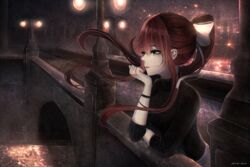  aeus artist_name black_shirt black_sweater bow bridge brown_hair commentary_request doki_doki_literature_club female floating_hair green_eyes hair_between_eyes hairbow head_rest highres long_hair monika_(doki_doki_literature_club) night outdoors parted_lips ponytail ribbed_sweater shirt solo sweater very_long_hair white_bow 