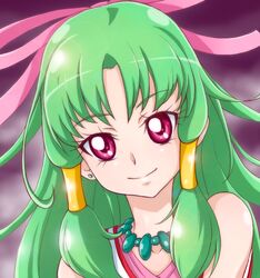  bow chocokin commentary_request cure_empress dokidoki!_precure female green_hair hair_tubes hairbow huge_bow jewelry long_hair magical_girl necklace pink_bow pink_eyes precure purple_background smile solo upper_body 