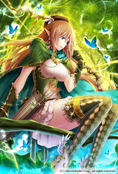  arrow_(projectile) bangle belt beret blonde_hair blue_eyes bodice bracelet braid branch breasts bug butterfly cape checkered_clothes checkered_legwear clasp commentary_request company_name dress earrings elbow_gloves female gloves glowing green_gloves green_thighhighs gyakushuu_no_fantasica hair_between_eyes hat hat_feather high_heels holding in_tree jewelry large_breasts light_particles long_hair looking_away official_art pleated_dress pointy_ears quiver rinko_(mg54) runes shoes short_dress sitting sitting_in_tree solo staff thighhighs tree very_long_hair watermark white_dress winged_footwear wings zettai_ryouiki 