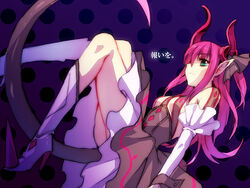  blue_eyes boots claws commentary_request detached_sleeves dress elizabeth_bathory_(fate) elizabeth_bathory_(fate/extra_ccc) elizabeth_bathory_(first_ascension)_(fate) fate/extra fate/extra_ccc fate_(series) female horns long_hair photoshop_(medium) pink_hair pointy_ears pointy_footwear shoes shou_(paix) solo tail two_side_up 