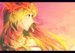  black_border border commentary_request dress female green_eyes green_hair indisk_irio jewelry kid_icarus long_hair necklace palutena profile solo strapless strapless_dress sunset tiara 