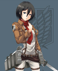  adjusting_scarf belt black_eyes black_hair commentary_request emblem female highres jacket looking_at_viewer mikasa_ackerman paradis_military_uniform scar scarf seven_(11) shingeki_no_kyojin short_hair solo survey_corps_(emblem) sword thigh_strap three-dimensional_maneuver_gear weapon 