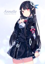  anette_(pso2) bad_id bad_pixiv_id black_hair blush breasts cowboy_shot dress female hair_ornament kurebayashi_noe lolita_fashion long_hair long_sleeves looking_back phantasy_star phantasy_star_online_2 pointy_ears red_eyes small_breasts solo uniform 