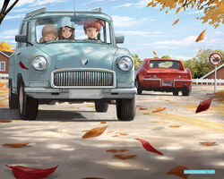  3girls aki_(girls_und_panzer) autumn_leaves blue_hat brown_eyes brown_hair car chevrolet chevrolet_corvette chevrolet_corvette_c3 closed_eyes gaz-21_volga girls_und_panzer hat highres light_brown_hair long_hair low_twintails mika_(girls_und_panzer) mikko_(girls_und_panzer) motor_vehicle multiple_girls outdoors red_hair short_hair short_twintails tomiya_(tomiya2117) tulip_hat twintails vehicle_focus 