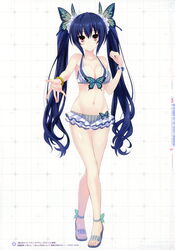  absurdres artbook bare_shoulders bikini blue_hair blush bracelet breasts bug butterfly butterfly_bikini butterfly_hair_ornament cleavage collarbone crossed_legs female full_body gekijigen__blanc_+_neptune_vs_zombie_gundan hair_ornament highres jewelry long_hair medium_breasts navel neptune_(series) noire_(neptunia) official_art outstretched_hand red_eyes sandals scan shiitake_urimo simple_background smile solo standing strappy_heels striped swimsuit thigh_gap toeless_footwear vertical_stripes very_long_hair watson_cross wedge_heels white_background 