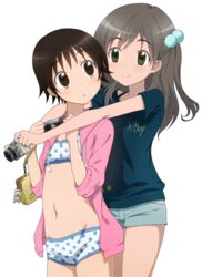  2girls :o bikini black_eyes black_hair blush camera commentary_request green_eyes grey_hair highres hug hug_from_behind long_hair looking_back midiman mitani_kanae multiple_girls navel polka_dot polka_dot_bikini polka_dot_swimsuit sawatari_fuu shirt short_hair shorts smile swimsuit t-shirt tamayura transparent_background 