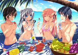  2boys 2girls :o :t ^_^ abs alternate_costume animal apple banana basket beach bikini bird black_hair black_ribbon blonde_hair blue_eyes blue_sky blush box breasts brown_hair cake cake_slice camcorder camera can charlotte_(anime) cleavage closed_eyes cloud collarbone commentary_request cup day drink_can drinking_glass drooling eating eyebrows food fork frilled_bikini frills front-tie_bikini_top front-tie_top fruit glasses grapes grey_hair hair_between_eyes hair_ribbon halterneck hand_on_own_cheek hand_on_own_face highres holding holding_camera holding_food holding_fork holding_fruit holding_watermelon lime_(fruit) lime_slice long_hair looking_at_another looking_at_viewer male_swimwear medium_breasts milk multiple_boys multiple_girls nanairo_fuusen navel nishimori_yusa ocean one_side_up opaque_glasses otosaka_yuu outdoors palm_tree pineapple pink_bikini plate police red_eyes ribbon saliva sand saucer seagull shade sky soda_can starfruit stomach strawberry summer swim_briefs swimsuit table takajou_joujirou tomori_nao topless_male tree tree_shade tropical tropical_drink two_side_up underboob video_camera watermelon white_background wooden_table 