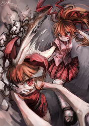  2girls angry attack bare_shoulders battle belt berserk_(ppg) blossom_(ppg) blunt_bangs bow breasts buttons clenched_teeth collared_shirt commentary_request dark_persona debris dress dress_shirt dual_persona evil_grin evil_smile fighting floating_hair flying_teardrops foreshortening grin hair_ribbon hairbow head_grab high_ponytail long_hair looking_at_another mary_janes motion_blur multiple_girls oerba_yun_fang one_eye_closed orange_hair outstretched_arm outstretched_arms photoshop_(medium) plaid plaid_skirt pleated_skirt ponytail powerpuff_girls ray-k red_bow red_dress red_eyes red_ribbon red_skirt ribbon rock rubble shirt shoes short_dress short_sleeves sidelocks signature skirt sleeveless sleeveless_dress small_breasts smile tears teeth thighhighs white_legwear wince wing_collar 