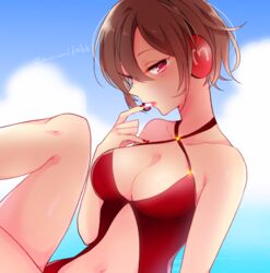  arm_support bare_shoulders blue_sky breasts brown_hair cleavage clothing_cutout cloud collarbone commentary criss-cross_halter female half-closed_eyes halterneck headphones headset kawahara_chisato large_breasts leg_up lips lipstick looking_at_viewer looking_to_the_side makeup meiko_(vocaloid) microphone nail_polish navel navel_cutout ocean one-piece_swimsuit outdoors parted_lips project_diva_(series) red_eyes red_nails red_one-piece_swimsuit short_hair sitting sky solo swimsuit swimwear_(module) twitter_username vocaloid 