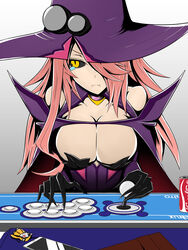  arc_system_works arcade artist_request bare_shoulders black_sclera blazblue blazblue:_central_fiction breasts cameo cape cellphone cleavage detached_sleeves female gloves hair_over_one_eye hat jubei_(blazblue) konoe_a_mercury large_breasts long_hair looking_at_viewer phantom_(blazblue) phone pink_hair playing_games pout slit_pupils solo tears wavy_mouth yellow_eyes 