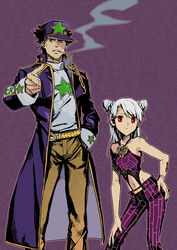  1boy bad_id bad_pixiv_id bare_shoulders black_hair chains cigarette cone_hair_bun contrapposto cosplay double_bun emiya_kiritsugu fate/zero fate_(series) father_and_daughter female hair_bun hand_on_own_hip hat highres illyasviel_von_einzbern jojo_no_kimyou_na_bouken jojo_pose kujo_jolyne kujo_jolyne_(cosplay) kujo_jotaro kujo_jotaro&#039;s_pose_(jojo) kujo_jotaro_(cosplay) linjie long_coat long_hair matthew_mercer midriff navel pointing pose red_eyes smoking snake_print spider_web_print standing star_(symbol) stone_ocean tattoo voice_actor_connection 