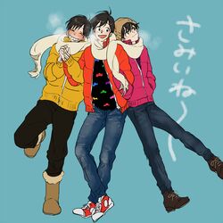  3boys bad_id bad_pixiv_id black_hair blue_background blush boots breath brothers coat denim grin hands_in_pockets jeans male_focus matsuno_jyushimatsu matsuno_osomatsu matsuno_todomatsu mojisan_(ebimo) multiple_boys osomatsu-kun osomatsu-san osomatsu_(series) pants scarf shared_clothes shared_scarf siblings simple_background smile winter_clothes 