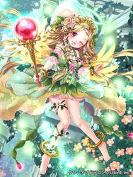  :d angel anklet bad_id bad_pixiv_id barefoot blonde_hair blush breasts bush cleavage dress female flower hair_flower hair_ornament halo jewelry long_hair medium_breasts minaki_emi open_mouth photoshop_(medium) plant purple_eyes smile solo sparkle staff tower_of_dragon very_long_hair vines wings 