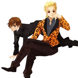  2boys animal_print bad_id bad_pixiv_id brown_hair earrings fate/extra fate/extra_ccc fate_(series) gilgamesh_(fate) gilgamesh_(modern_costume_of_volupte)_(fate) hair_slicked_back jewelry kishinami_hakuno_(male) kuroihato leopard_print multiple_boys official_alternate_costume school_uniform serafuku 