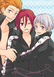  3boys blue_eyes blush boy_sandwich commentary_request free! grey_hair jacket male_focus matsuki_(makimaki6) matsuoka_rin mikoshiba_seijuurou mole mole_under_eye multiple_boys nitori_aiichirou open_mouth orange_eyes orange_hair photoshop_(medium) red_eyes red_hair sandwiched sharp_teeth smile teeth track_jacket 