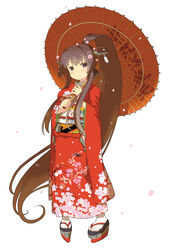  brown_eyes brown_hair cherry_blossoms commentary_request female hair_ornament japanese_clothes kantai_collection kimono long_hair long_sleeves looking_at_viewer obi oil-paper_umbrella ooide_chousuke petals photoshop_(medium) ponytail red_kimono sash simple_background smile solo tabi umbrella very_long_hair white_background white_legwear wide_sleeves yamato_(kancolle) 