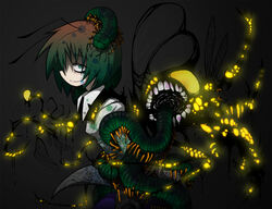  animenishikihebi antennae bug cape centipede commentary_request dark_persona female from_side glowing glowing_eyes green_eyes green_hair grey_background insect_wings looking_at_viewer paint_splatter photoshop_(medium) sanpaku simple_background solo teeth touhou wing_collar wings wriggle_nightbug 