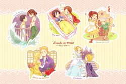  5boys 5girls annie_leonhart armin_arlert atarime bad_id bad_pixiv_id beauty_and_the_beast belle_(disney) belle_(disney)_(cosplay) bertolt_hoover black_hair blonde_hair brown_hair cape cinderella cinderella_(disney) cinderella_(disney)_(cosplay) commentary_request connie_springer cosplay dress eren_yeager freckles gretel_(grimm) gretel_(grimm)_(cosplay) grimm&#039;s_fairy_tales hansel_(grimm) hansel_(grimm)_(cosplay) hansel_and_gretel highres krista_lenz mermaid mikasa_ackerman monster_girl multiple_boys multiple_girls parody ponytail reiner_braun sasha_blouse shingeki_no_kyojin short_hair snow_white_(disney) snow_white_(disney)_(cosplay) snow_white_and_the_seven_dwarfs the_little_mermaid ymir_(shingeki_no_kyojin) 