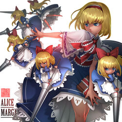  alice_margatroid apron blonde_hair blue_dress blue_eyes book capelet character_name colored_eyelashes commentary doll dress female hair_ribbon hairband highres long_hair long_sleeves looking_away outstretched_arm photoshop_(medium) puffy_sleeves ribbon sash shanghai_doll short_hair simple_background solo touhou waist_apron weapon white_background zhaoyebai 