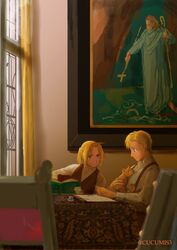  2boys alphonse_heiderich blonde_hair blue_eyes blurry book chair commentary_request conqueror_of_shambala crosier cross day depth_of_field edward_elric feline fullmetal_alchemist gloves happy height_difference highres indoors looking_at_another male_focus multiple_boys painting_(object) paper ponytail profile shadow shirt short_hair sitting smile staff suspenders table twitter_username urikurage waistcoat white_shirt window yellow_eyes 