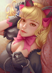  animal_ears artist_name bead_bracelet beads black_cat_d.va black_dress black_gloves blonde_hair bow bowtie bracelet breasts brown_eyes cat_ears cleavage commentary corset d.va_(overwatch) dress english_commentary female from_above gloves heart jewelry light_smile lips lolita_fashion looking_at_viewer looking_up lying medium_breasts nose official_alternate_costume on_back overwatch overwatch_1 paw_pose pink_background pink_bow pink_lips poppyminty puffy_sleeves realistic short_sleeves signature solo twintails upper_body 