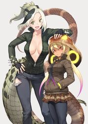  2girls :d arms_behind_back asymmetrical_hair black_gloves black_legwear blonde_hair braid breasts breasts_apart collarbone commentary crocodile_girl crocodilian_tail dark-skinned_female dark_skin fingerless_gloves gloves gradient_hair green_eyes green_hair guchico hand_on_another&#039;s_head hand_on_own_hip highres jacket kemono_friends king_cobra_(kemono_friends) long_hair looking_at_viewer medium_breasts multicolored_hair multiple_girls necktie no_bra open_clothes open_jacket open_mouth pants pantyhose pink_hair ponytail red_eyes saltwater_crocodile_(kemono_friends) skirt slit_pupils smile snake_girl snake_tail tail unzipped zipper zipper_pull_tab 