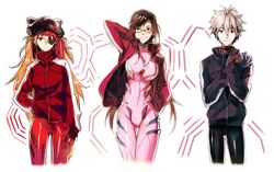  1boy 2girls animal_hat arm_up bad_id bad_twitter_id bodysuit brown_hair cat_hat evangelion:_3.0_you_can_(not)_redo eyepatch frown glasses grey_hair hand_in_pocket hat jacket makinami_mari_illustrious meer_rowe multiple_girls nagisa_kaworu neon_genesis_evangelion orange_hair pink_bodysuit plugsuit rebuild_of_evangelion smile souryuu_asuka_langley track_jacket 