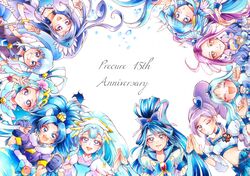  6+girls animal_ears anniversary aoki_reika aono_miki blue_bow blue_eyes blue_gloves blue_hair blue_necktie blue_wrist_cuffs blunt_bangs bow brooch butterfly_brooch butterfly_hair_ornament choker circle_formation closed_eyes color_connection commentary_request crown cure_ange cure_aqua cure_beat cure_beauty cure_berry cure_diamond cure_gelato cure_marine cure_mermaid cure_princess dokidoki!_precure everyone fresh_precure! gloves go!_princess_precure gold_crown grin hair_color_connection hair_ornament hairband happinesscharge_precure! happy heart heart_brooch heart_hair_ornament heartcatch_precure! high_ponytail highres hishikawa_rikka holding_hands hugtto!_precure in-franchise_crossover jewelry kaidou_minami kirakira_precure_a_la_mode kurokawa_eren kurumi_erika lion_ears long_hair looking_at_viewer magical_girl midriff mikan_(mikataaaa) minazuki_karen mini_crown multiple_girls navel necktie one_eye_closed open_mouth parted_bangs pointed_crown ponytail precure purple_eyes purple_hair seiren_(suite_precure) shirayuki_hime side_ponytail sidelocks smile smile_precure suite_precure tategami_aoi twintails white_background wrist_cuffs yakushiji_saaya yellow_eyes yes!_precure_5 