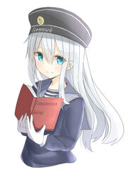  alternate_costume aqua_eyes aqua_hair book commentary_request female gloves hat hibiki_(kancolle) highres kantai_collection long_hair long_sleeves looking_at_viewer mizukoshi_(marumi) neckerchief pork_pie_sailor_hat sailor sailor_collar sailor_hat simple_background smile solo upper_body verniy_(kancolle) white_background white_gloves white_hair 