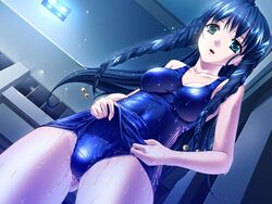  aqua_eyes blue_hair braid breasts dutch_angle female game_cg hiiro_yuki indoors light long_hair medium_breasts one-piece_swimsuit open_mouth school_swimsuit school_swimsuit_flap shiny_clothes skin_tight solo swimsuit takaya_minami twin_braids wet wet_clothes wet_swimsuit yuuguu_settai 