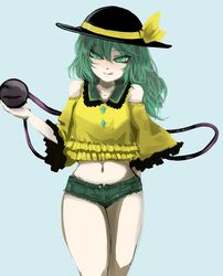  artist_name bare_legs bare_shoulders black_hat clothing_cutout commentary_request crop_top denim denim_shorts female ginji_(sakaki_summer) green_eyes green_hair green_shorts hat hat_ribbon komeiji_koishi looking_at_viewer medium_hair midriff navel ribbon shirt short_shorts shorts shoulder_cutout simple_background smile solo thighs third_eye tongue tongue_out touhou yellow_ribbon yellow_shirt 