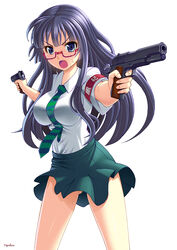  armband ass_visible_through_thighs blue_eyes blush breasts clothes_lift cocked_hammer commentary_request dual_wielding female glasses gun handgun highres holding large_breasts long_hair looking_at_viewer m1911 necktie number10_(hagakure) open_mouth original photoshop_(medium) purple_hair school_uniform shiny_skin shirt short_sleeves simple_background skirt skirt_lift solo sweatdrop taut_clothes taut_shirt tie_clip weapon wind wind_lift 