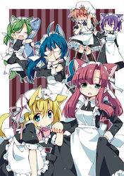  6+girls ahoge animal_ears apron blonde_hair blue_eyes blue_hair boots brown_hair cat_ears cat_tail commentary_request cross-laced_footwear embarrassed glasses green_hair hair_ribbon hat hime_takeo lace-up_boots long_hair maid maid_headdress multiple_girls original photoshop_(medium) ponytail purple_hair red_hair ribbon short_hair striped striped_background tail vertical_stripes 