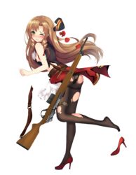  armband ass bad_link bison_cangshu blush brown_hair damaged defeat drill_hair drill_sidelocks female fn-49 fn-49_(girls&#039;_frontline) full_body girls&#039;_frontline gloves green_eyes gun hat high_heels highres long_hair looking_at_viewer official_art pantyhose rifle shoes sidelocks single_shoe skirt solo tears thigh_strap torn_clothes torn_pantyhose transparent_background unworn_shoes wavy_mouth weapon 