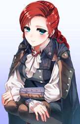  asada_ryou assassin&#039;s_creed:_unity assassin&#039;s_creed_(series) blue_eyes blush commentary_request elise_de_la_serre female long_hair looking_at_viewer red_hair smile solo 