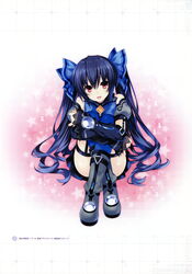  :d absurdres arm_warmers artbook bare_shoulders binary black_hair blue_thighhighs boots chou_megami_shinkou_noire_gekishin_black_heart crossed_legs female full_body gradient_background hair_ribbon highres hugging_own_legs long_hair looking_at_viewer neptune_(series) noire_(neptunia) official_art open_mouth red_eyes ribbon scan simple_background sitting skirt sleeveless smile solo star_(symbol) thighhighs tsunako twintails 