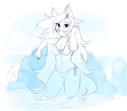  5_fingers anthro berruchan bikini blue_and_white canid canine canis clothing female fingers hailey_marie hair long_hair looking_at_viewer mammal monochrome rock sea simple_colored solo swimwear tight_clothing water wolf 