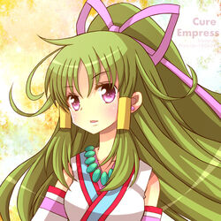  artist_name bad_id bad_pixiv_id blush bow character_name commentary_request cure_empress detached_sleeves dokidoki!_precure female green_hair hair_tubes hiyopuko huge_bow long_hair pink_bow pink_eyes precure solo upper_body 