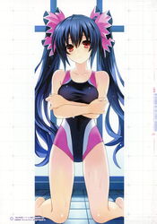  absurdres arms_under_breasts artbook barcode bare_shoulders barefoot black_bow black_hair black_one-piece_swimsuit blush bow breast_hold breasts chou_megami_shinkou_noire_gekishin_black_heart cleavage collarbone competition_swimsuit covered_navel crossed_arms female grid grid_background hair_between_eyes hairbow head_tilt highres hip_focus kneeling legs_apart long_hair looking_at_viewer medium_breasts multicolored_bow multicolored_clothes multicolored_swimsuit neptune_(series) noire_(neptunia) official_art one-piece_swimsuit parted_bangs parted_lips pink_bow pink_one-piece_swimsuit poolside power_symbol raised_eyebrows red_eyes scan sidelocks solo swimsuit taut_clothes tile_floor tiles tsunako twintails wavy_hair wet white_background 