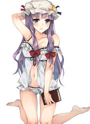  arm_behind_head babydoll bare_arms bare_legs bare_shoulders barefoot book breasts center_opening cleavage collarbone commentary_request crescent crescent_hat_ornament dress female hat hat_ornament ke-ta_(style) kneeling large_breasts long_hair mob_cap navel panties patchouli_knowledge purple_dress purple_hair rinarisa solo touhou underwear very_long_hair white_panties 