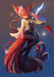  animal_ear_fluff animal_ears bell blade_&amp;_soul braid brown_hair closed_eyes commentary female fighting_stance flower fox_ears guan_tang_baozi hair_flower hair_ornament highres jingle_bell large_tail long_hair lyn_(blade_&amp;_soul) pants photoshop_(medium) shirt solo sword tail twin_braids weapon 