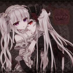  2girls alice_claudia bad_id bad_pixiv_id bare_shoulders choker commentary cross english_commentary english_text gloves gothic_lolita hairband halloween happy_halloween lolita_fashion lolita_hairband long_hair multiple_girls neck oerba_yun_fang original purple_eyes red_eyes revision rolo_noir side_ponytail trick_or_treat tsukikage_nemu vampire very_long_hair white_hair yuri 