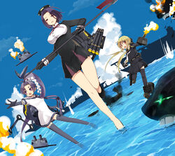  3girls abyssal_ship black_thighhighs blonde_hair breasts cannon commentary_request dress dutch_angle glaive_(polearm) gloves gun hair_ribbon halo hatsuharu_(kancolle) headgear kantai_collection loafers long_hair long_sleeves machinery mecha_musume mechanical_halo medium_breasts multiple_girls no_socks nozomu144 open_mouth painttool_sai_(medium) polearm ponytail purple_eyes purple_hair ribbon sailor_dress satsuki_(kancolle) school_uniform serafuku ship shoes short_eyebrows short_hair smile smoke splashing tatsuta_(kancolle) thick_eyebrows thighhighs turret twintails water watercraft weapon yellow_eyes 