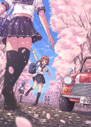  6+girls :d aki_(akisora_hiyori) austin_mini bag black_legwear blue_hair brown_eyes brown_hair car cherry_blossoms commentary_request hair_ornament hairclip highres kneehighs loafers mini_cooper motor_vehicle multiple_girls navel open_mouth original outdoors photoshop_(medium) pleated_skirt school_bag school_uniform serafuku shoes short_hair skirt smile socks thighhighs waving zettai_ryouiki 