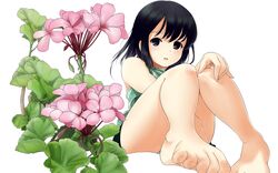  bad_feet barefoot black_eyes black_hair commentary_request feet female flower foreshortening geranium legs long_hair matsunaga_kouyou original pink_flower simple_background skirt solo toes white_background 