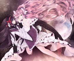  2girls akemi_homura akemi_homura_(magical_girl) bad_id bad_pixiv_id black_hair carrying couple eye_contact hair_ribbon hand_on_another&#039;s_cheek hand_on_another&#039;s_face kaname_madoka light_smile long_hair looking_at_another magical_girl mahou_shoujo_madoka_magica mahou_shoujo_madoka_magica_(anime) mora multiple_girls pantyhose pink_eyes pink_hair planet princess_carry purple_eyes revision ribbon smile space tears ultimate_madoka very_long_hair yuri 